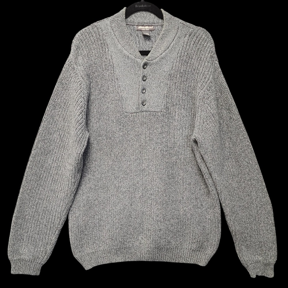 Vintage Eddie Bauer Fisherman Sweater Men Large Tall (Slim Fit) Grey Knit Henley